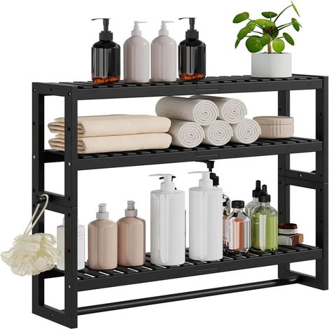 étagère De Salle De Bain En Bambou - 3 Niveaux Réglables - Support Mural Ou Sur Pied Avec Porte-Serviettes - Pour WC Et Cuisine - Noir - 59x15x53 Cm (1/5)