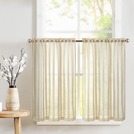 Rideau Cuisine Voilage Court Brise Bise à Rayures Beige 90 x 90 cm,Rideaux Modernes Brise-Bise Rayés Semi Transparentes à Passe Tringle pour Portes de Balcon pour Salon Chambre Maison Lot de 2 (1/5)