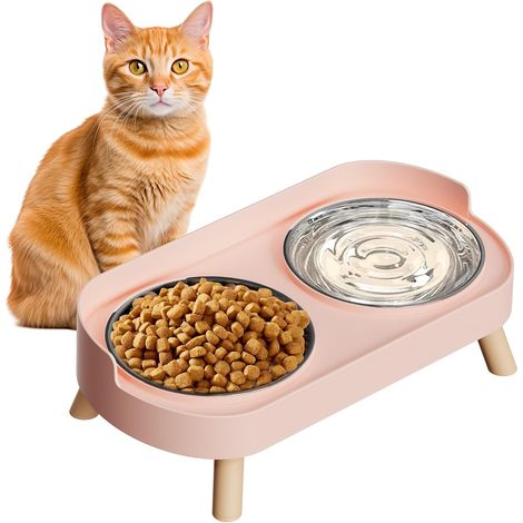 Gamelles surélevées pour chat, ensemble gamelles surélevées pour eau et nourriture, anti-éclaboussures, avec 2 gamelles en acier inoxydable pour chats et chiots, résistantes à la fatigue des moustache (1/5)
