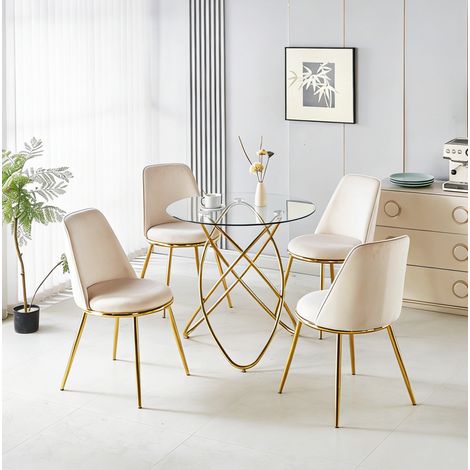 Conjunto de comedor de 5 piezas, mesa redonda de vidrio 80 cm, sillas de terciopelo crema (1/5)