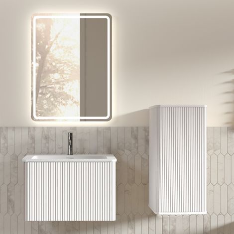 Weißes Badmöbel-Set mit LED-Spiegel, Waschbecken und 60-cm-Hochschrank (1/5)