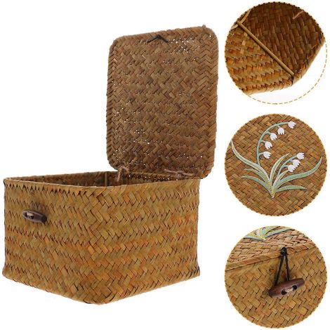 Boîte décorative tressée, style ferme carré, en paille, boîte cadeau de mariage, 6,68 x 6,68 x 3,93 pouces, 1 ensemble. (1/5)