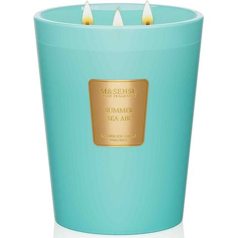 Bougie parfumée XL 990g 3 mèches cire soja 150h diffusion parfum été brise marine (1/5)