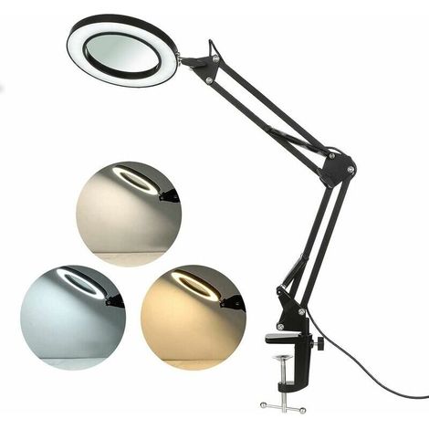 LED-Lupenleuchte mit Klemme, 8-Dioptrien-Lupe mit Licht, 3-farbig beleuchtete Lupenleuchte, Schwenkarm, dimmbares Licht zum Lesen, für den Tisch oder die Werkstatt (8-fach) (1/4)