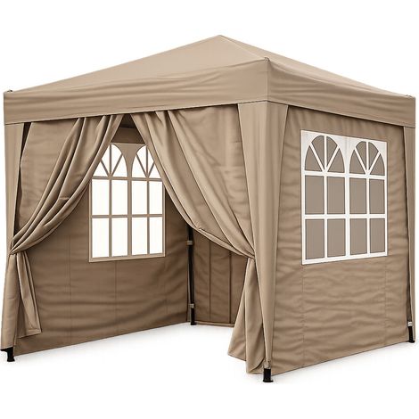 Pop-Up-Pavillon 2 x 2 m Graubeige mit 4 Easy-Klett Seitenwänden 2 mit Reißverschlüssen