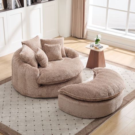 Canapé lounge XXL 1 place 190,5x138x63 cm, chaise longue ronde en polyester, assise profonde en mousse haute densité, coussins, sans montage, marron (1/5)