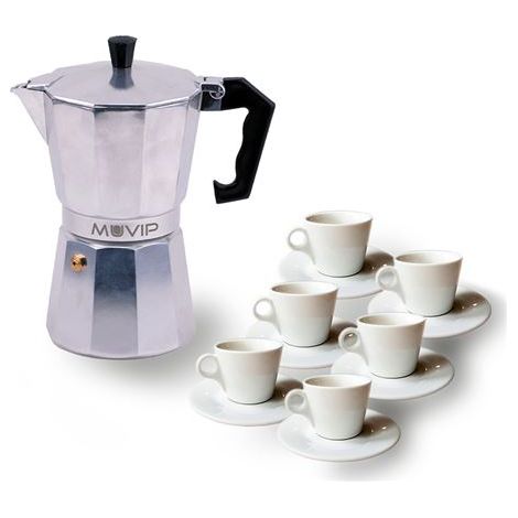 MUVIP - Macchina da caffè de alluminio MV0601, capacità de 6 tazze, impugnatura ergonomica, antiaderente, compatibilecon cucine elettriche, vetroceramiche e a gas, colore alluminio