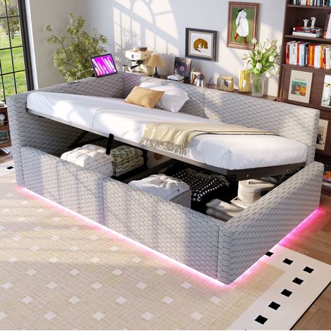 Bett Schlafbett Stauraum 90x200 LED Samt Grau OKMYHOME (1/5)