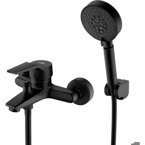 Robinet de baignoire noir avec douchette à main 5 jets, mitigeur mural, support, flexible de 1,5 m (1/4)
