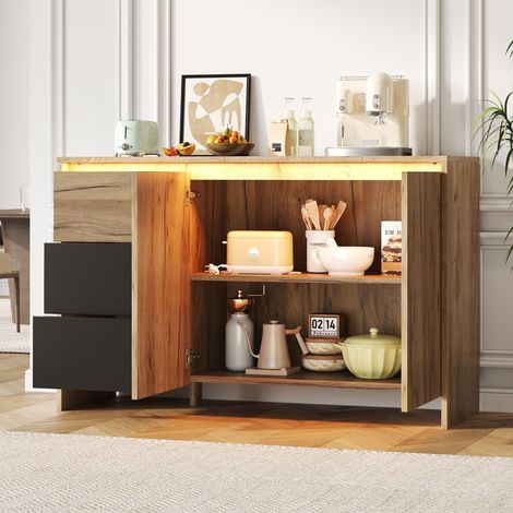 Buffet, 120x76x40 cm, meuble de cuisine, 3 tiroirs et 2 portes, LED multicolore, pour le salon, la salle à manger ou l'entrée, finition bois et noir (1/5)