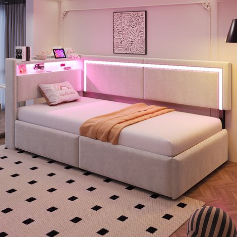 90 x 200 cm Schlafsofa mit Stauraum, LED und USB-Anschlüssen, beiger Samt HAVRYA (1/5)