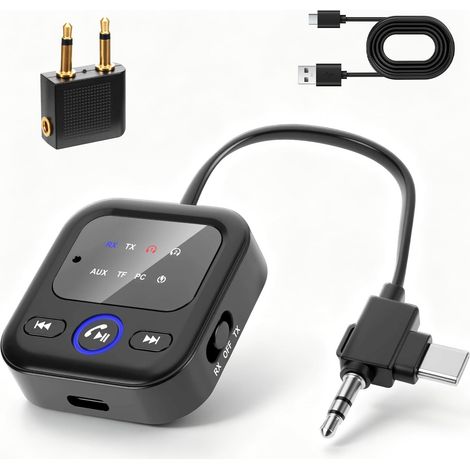 Adaptateur Bluetooth 3 en 1 pour avion avec écran LED, carte TF et mode PC de type C, adaptateur jack Bluetooth, émetteur Bluetooth 10 h et récepteur pour écouteurs (1/5)