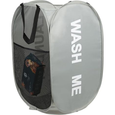 Panier à linge pliable gris, corbeille pop-up avec poignée pour salle de bain, chambre, buanderie, voyage. (1/5)