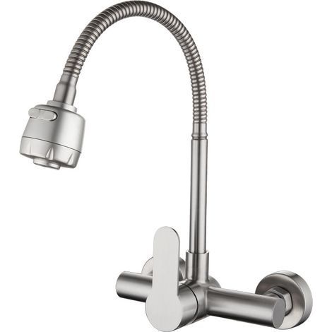 Robinet de Cuisine Mitigeur mural 304 acier inoxydable évier Rotatif à 360° Robinet Evier Deux modes de sortie d'eau avec Flexible Tuyau (1/5)