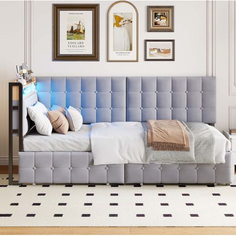 Cama dormitorio juvenil con LED USB y 2 cajones gris OKMYHOME (1/5)