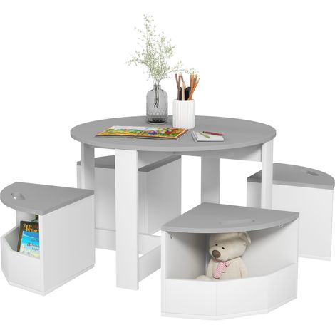 Set con Tavolo per Bambini e 4 Sgabelli Salvaspazio con Vano Contenitore in Legno, Grigio