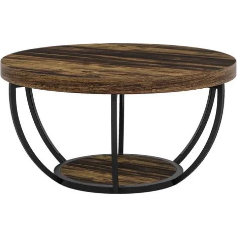 Mesa de centro redonda de 2 niveles de madera y metal 80x45 cm estilo rústico MODENUIT (1/5)