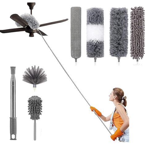 Galozzoit – Set of 7 telescopic microfiber dusters – Stainless steel handle – Length up to 254 cm – 5 interchangeable heads for efficient cleaning