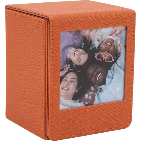Boîte de rangement photo multifonctionnelle grande capacité avec couvercle magnétique, en PVC marron, pour photos, cartes bancaires et timbres. (1/5)