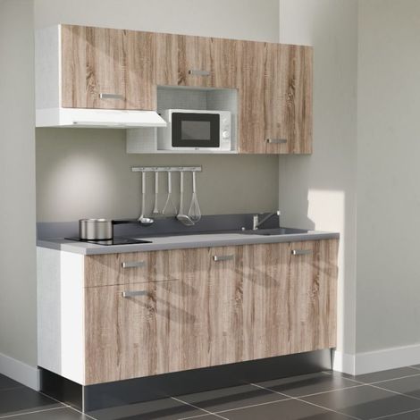 Kitchenette K30L - 180 cm - plan monobloc évier intégré Cromo- évier à droite - Façades Bois + Electroménager inclus coloris Blanc