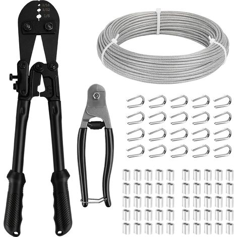 Kit d'outils de sertissage de câble métallique, Swaging Tool avec 100 m de câble métallique en acier inoxydable 1/8 pouce, sertissage et cosse de câble métallique, kit de câble métallique (1/5)