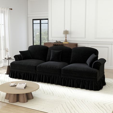 Canapé chenille élégant 3 places du milieu du siècle,accoudoirs évasés,tablier amovible,pieds fuseau,confortable pour salon,noir