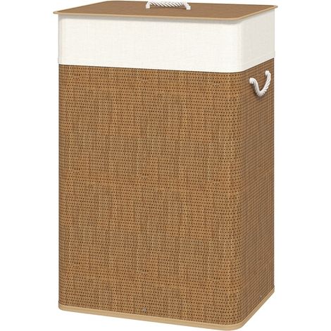Cesta de ropa de bambú con tapa 72 L y asas de cuerda, bolsa interior extraíble, marrón (1/5)