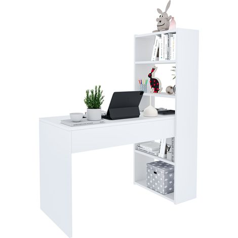 Scrivania Con Libreria Reversibile Salvaspazio Kirkensen Scrittoio Scaffali Laterali Mobile Desk Postazione Pc Da Studio Ufficio Soggiorno Sala da Pranzo 120 x 144 x 53 cm Colore Bianco (1/5)