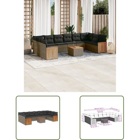 The Living Store 11-tlg. Garten-Sofagarnitur mit Kissen Grau Poly Rattan - Gartenmöbel - Esstisch - Lounge Set - Outdoor Möbel - Rattan Gartenmöbel