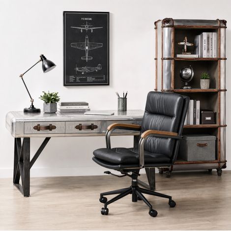 Silla de Oficina Ergonómica Giratoria, Altura Ajustable, Reposabrazos de Roble, Cuero y Metal Negro (1/5)