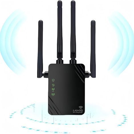 Répéteur WiFi 1200 Mbps – Amplificateur bi-bande 2.4GHz et 5GHz – 4 antennes externes 3 dBi – Pour streaming HD et jeux en ligne (1/5)