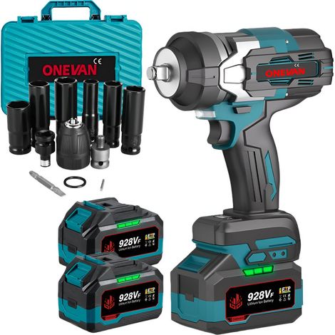 Boulonneuse à chocs ONEVAN 2100Nm ,1/2 Brushless Clé à chocs sans fil Applicable aux gros camions,véhicules porte-Avec 2x 6.0Ah batteries et 12 accessoires