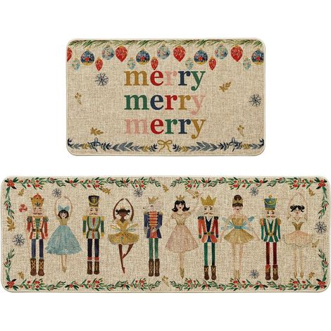 Set 2 Tapis Cuisine Noël 43x73+43x118cm, Casse-Noix/Aquarelle, Lavables, Déco Intérieur/Extérieur (1/5)