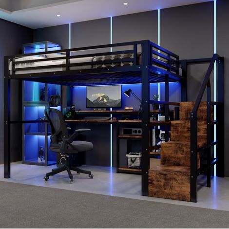 Hochbett 140x200 cm aus Metall und MDF, schwarz, mit Treppe, Regalen, USB und LED (1/5)