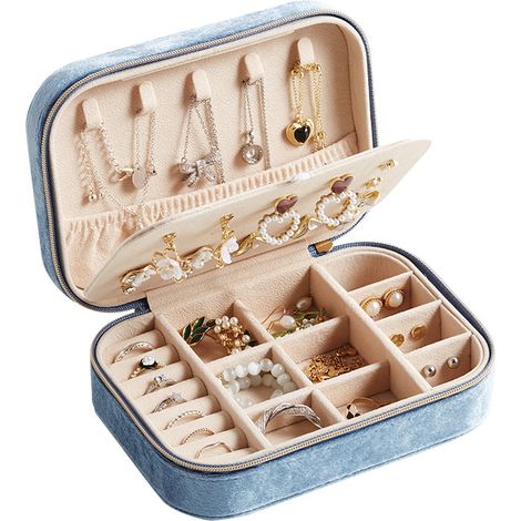Petite boîte à bijoux de voyage pour colliers, bagues, bracelets, Similicuir de qualité supérieure - Boîte cadeau pour filles et femmes (Bleu clair) (1/5)