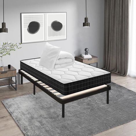 Iztoss – Ensemble sommier et matelas 90x190 cm – Matelas mousse 90x190x15 cm – Couette 140x200 cm et oreiller 60x60 cm inclus – Sommier avec pieds