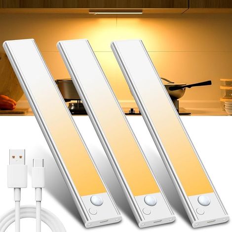 Unterbauleuchte Küche Led Schrankbeleuchtung Bewegungsmelder - Warmweiß 3 Stück 20 CM Licht USB Aufladbar Innen Batterie Aufladbar Led Schrank Leiste Lampe für Kleiderschrank Unterschrank Küchen (1/5)
