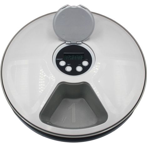 Dispensador inteligente de comida para mascotas, comedero automático para perros y gatos, 6 compartimentos, función musical, temporizador, blanco/gris