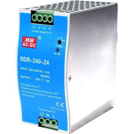 DIN Power 240W Rail switching power 24V Bloc d'alimentation pour Entrée AC 100-220V 2.4A, Sortie DC 24V 10A Plusieurs fonctions de protection Modèle industriel NDR-240W-24V. (1/5)