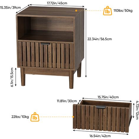 Table de chevet moderne couleur noyer, de style médiéval, avec un piètement à lattes et un tiroir. Convient aux chambres, couloirs, salons et chambres d'enfants. Dimensions : 45 x 39 x 56,5 cm, 1 pièc