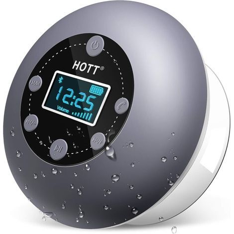 Bluetooth 5.0 Duschlautsprecher. Wasserdicht. Mit LCD-Display und Uhr. Tragbares, kabelloses FM-Radio mit Saugnapf fürs Badezimmer. SD-Karten-kompatibel. HD-Sound. 10 Stunden Akkulaufzeit.