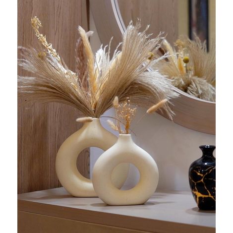 Set de 2 vases d'herbe de Pampas en céramique crème ronde, minimaliste, décoration maison, polyvalent et pratique (1/5)