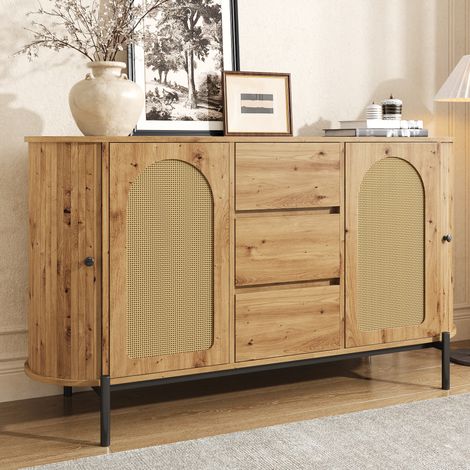 Buffet ovale avec portes coulissantes, portes et tiroirs, naturel, 140x38x77,5 cm (1/5)