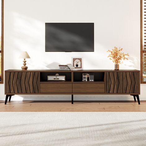 Meuble TV 180x35x45 cm avec 2 portes et 2 tiroirs, banc TV pour écran 75 pouces avec 2 niches et passe-câbles, 6 pieds métal, aggloméré, effet noyer (1/5)