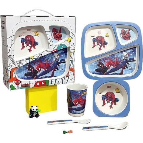 Service de table créatif pour enfants en fibre de bambou, ensemble de cinq pièces, idéal pour les enfants d'âge préscolaire. Coffret cadeau Spiderman inclus.