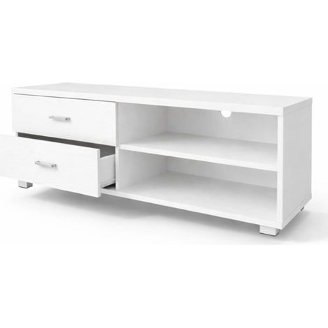 Mobile TV Soggiorno Moderno in Legno Truciolato Melaminico con Cassetti Ripiani Aperti Armadietti Mobiletto bianco puro