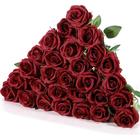 Lot de 20 roses artificielles à longues tiges – bouquet réaliste de roses artificielles à l'aspect soyeux (emballage en vrac) pour la décoration intérieure, les mariages, les fêtes et la décoration d (1/5)