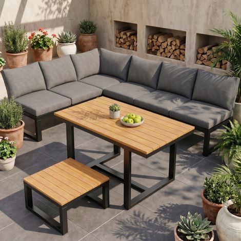 Gartenlounge-Set 6-Sitzer aus Metall und Kunststoffholz grau, mit verstellbarer Rückenlehne (1/5)