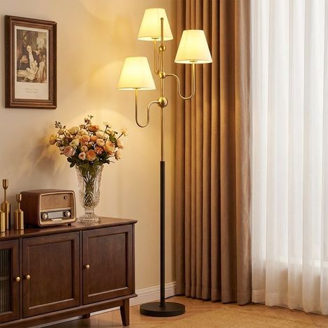 Hohe Stehlampe 165 cm, Stehlampe mit 3 Leuchtpunkten und Fußschalter, E27-Fassung, max. 40 W, für Schlafzimmer und Büro, Gold