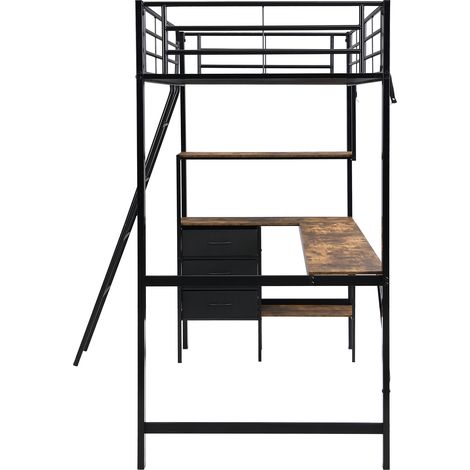 Lit en fer, lit superposé, adapté aux enfants et aux adolescents, trois tiroirs, avec table de 2 m, échelle inclinée à quatre marches, fer + panneau de particules, noir + noyer foncé, 90x200 cm